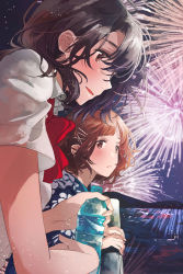 Rule 34 | 2girls, aerial fireworks, blush, bottle, bow, bowtie, brown eyes, brown hair, expressionless, fireworks, fly (marguerite), from side, hair ornament, japanese clothes, kimono, light smile, mole, mole under eye, multiple girls, night, open mouth, original, profile, red bow, red bowtie, school uniform, shirt, water bottle, white shirt, x hair ornament, yukata