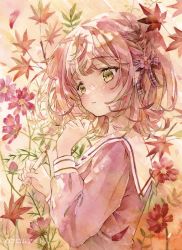 Rule 34 | 1girl, autumn leaves, blush, bow, braid, character request, checkered bow, checkered clothes, commentary request, french braid, ginkgo tree, hair bow, hand up, highres, holding, leaf, making-of available, maple leaf, painting (medium), parted lips, pen, pink hair, pink shirt, princess letter(s), sailor collar, school uniform, serafuku, shirt, short hair, solo, standing, sunlight, traditional media, upper body, watercolor (medium), yukoring