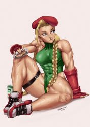 Rule 34 | 1girl, abs, absurdres, biceps, blonde hair, blue eyes, braid, braided ponytail, capcom, drink, eating, food, gloves, hair ornament, hairclip, hat, highres, leg strap, leotard, nirefuster, scar, scar on face, shoes, sitting, sneakers, street fighter, thick thighs, thighs, twintails
