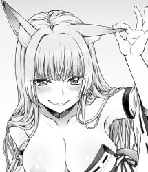 Rule 34 | 1girl, animal ears, areola slip, arm up, blush, borrowed character, breasts, cleavage, collarbone, detached sleeves, eroe, fox ears, fox girl, greyscale, grin, half-closed eyes, large breasts, long hair, looking at viewer, monochrome, nontraditional miko, original, parted lips, ribbon trim, sidelocks, smile, solo, upper body