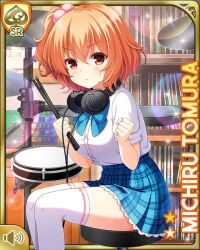 1girl blue_bow blue_bowtie bow bowtie brown_eyes brown_hair card_(medium) classroom closed_mouth day drum drum_set girlfriend_(kari) headphones indoors instrument looking_at_viewer matching_hair/eyes official_art plaid_clothes plaid_skirt qp:flapper school school_uniform shoes side_ponytail sitting skirt solo thighhighs tomura_michiru v-shaped_eyebrows white_thighhighs