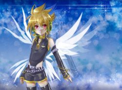 Rule 34 | 1boy, arm warmers, blonde hair, gongitsune, gradient background, highleg, highleg leotard, kagamine len, leotard, male focus, project diva, project diva (series), project diva 2nd, punkish (module), red eyes, shorts, solo, vocaloid