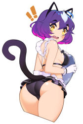 Rule 34 | !, !!, 1girl, animal ears, apron, ass, bikini, black bikini, bright pupils, cat ears, cat tail, commentary, cowboy shot, cropped legs, english commentary, from behind, gloves, gradient hair, halphelt, highres, holding, holding tray, looking at viewer, looking back, maid, maid apron, maid bikini, medium hair, multicolored hair, original, purple hair, simple background, solo, standing, swimsuit, tail, tail raised, tray, unconventional maid, vena (sait0moriyama), white apron, white background, white gloves, yellow eyes