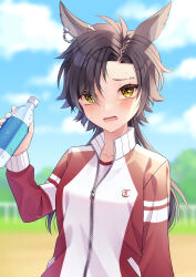Rule 34 | 1girl, absurdres, air shakur (umamusume), animal ears, be imaro, blue sky, blurry, blurry background, bottle, breasts, brown eyes, brown hair, cloud, cloudy sky, commentary request, day, depth of field, eyebrow piercing, eyes visible through hair, gym shirt, hair over one eye, highres, holding, holding bottle, horse ears, jacket, long hair, long sleeves, looking at viewer, open mouth, outdoors, piercing, red jacket, shirt, sky, small breasts, solo, sweat, tracen training uniform, track jacket, umamusume, upper body, water bottle, white shirt
