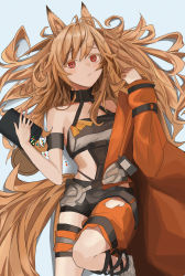 Rule 34 | 1girl, absurdres, animal ears, arknights, armband, blush, brown eyes, brown hair, ceobe (arknights), ceobe (summer flowers) (arknights), ciloranko, dog ears, dog girl, highres, jacket, long hair, lying, official alternate costume, on back, open clothes, orange jacket, simple background, solo
