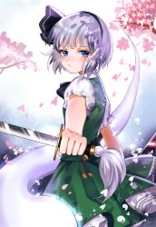 Rule 34 | 1girl, ama (997841291), black hairband, black ribbon, blue eyes, blunt bangs, bow, bowtie, cherry blossoms, closed mouth, eyebrows, frilled skirt, frilled sleeves, frills, green skirt, green vest, hairband, holding, holding sword, holding weapon, katana, konpaku youmu, konpaku youmu (ghost), layered skirt, looking at viewer, petals, puffy short sleeves, puffy sleeves, ribbon, sheath, short sleeves, silver hair, skirt, sword, touhou, vest, weapon