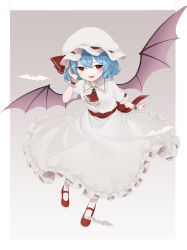 Rule 34 | 1girl, absurdres, back bow, bat (animal), bat wings, blue hair, bow, brooch, commentary request, dress, fang, full body, gradient background, grey background, hand up, hat, hat ribbon, highres, jewelry, looking at viewer, mary janes, mob cap, norichiizu, open mouth, red bow, red eyes, red footwear, red neckwear, red ribbon, remilia scarlet, ribbon, shoes, short hair, short sleeves, smile, solo, touhou, white dress, white hat, wings, wrist cuffs