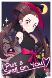 Rule 34 | 1girl, bare shoulders, black dress, black headwear, blush, brown hair, closed mouth, cowboy shot, creatures (company), dress, earrings, elbow gloves, english text, eyelashes, game freak, gazing eye, gen 8 pokemon, gloves, hair rings, hand on own hip, hand up, hat, heart, highres, index finger raised, jewelry, long hair, looking at viewer, mixed-language commentary, moon, night, nintendo, official alternate costume, outdoors, pink eyes, pink sash, pokemon, pokemon (creature), pokemon masters ex, roxanne (fall 2023) (pokemon), roxanne (pokemon), runerigus, sash, sky, smile, sparkle, twintails, witch hat