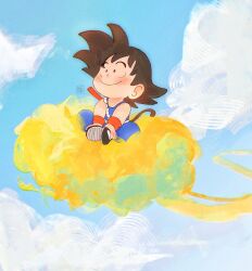 Rule 34 | 1boy, absurdres, black eyes, black footwear, black hair, blue sky, closed mouth, cloud, cloudy sky, commentary request, day, dougi, dragon ball, dragon ball (classic), flying nimbus, french commentary, full body, hands on own feet, happy, head back, highres, indian style, king fabu, light blush, looking up, male focus, monkey tail, outdoors, red wristband, ruyi jingu bang, shoes, sitting, sky, smile, son goku, spiked hair, tail, tareme, weapon, wide-eyed, wristband