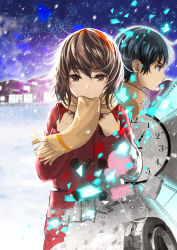 Rule 34 | 1boy, 1girl, black hair, blue eyes, boku dake ga inai machi, brown eyes, brown hair, brown sweater, building, clock, coat, commentary, film reel, from side, fujinuma satoru, glowing, hair strand, hands on own chest, highres, hinazuki kayo, long sleeves, looking ahead, mittens, unworn mittens, night, night sky, no gloves, partially colored, pink mittens, red coat, scarf, shards, short hair, sky, snow, snowing, star (sky), starry sky, sweater, tearing up, tears, toggles, torn clothes, torn coat, torn mittens, uanuan, unraveling, wind, yellow neckwear, yellow scarf