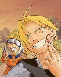Rule 34 | 2boys, automail, blonde hair, braid, commentary, edward elric, english commentary, facial mark, forehead protector, fullmetal alchemist, highres, jumpsuit, looking at viewer, male focus, multiple boys, naruto, naruto (series), ninja, outdoors, paint, raionmanga, smile, spiked hair, teeth, third-party source, tree, uzumaki naruto, v, water, whisker markings, yellow eyes