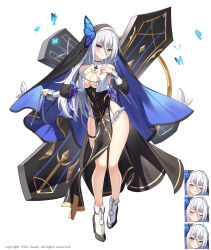 Rule 34 | 1girl, bare legs, bare shoulders, black dress, black footwear, blue eyes, breast curtains, breasts, chain, cleavage, closed mouth, copyright request, cross, cuffs, detached sleeves, dress, expressions, frilled dress, frills, full body, habit, hair between eyes, hand up, high heels, highres, kotomaru (sirouko9511), large breasts, large cross, long dress, long hair, long sleeves, looking at viewer, mole, mole under eye, no bra, nun, pelvic curtain, puffy sleeves, revealing clothes, smile, socks, solo, thigh strap, thighs, veil, white hair, white socks