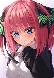 Rule 34 | 1girl, black cardigan, blue eyes, blue nails, blunt bangs, blush, butterfly hair ornament, cardigan, close-up, collared shirt, commentary, eyelashes, eyes visible through hair, finger to mouth, go-toubun no hanayome, hair ornament, highres, index finger raised, looking at viewer, medium hair, nail polish, nakano nino, open cardigan, open clothes, parted lips, pink hair, school uniform, shirt, simple background, sleeves past wrists, solo, souyoru, tsurime, two side up, white background, white shirt