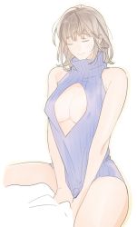 Rule 34 | 1girl, areola slip, bare arms, bare shoulders, blue sweater, breasts, cleavage, closed eyes, covered erect nipples, cowboy shot, dress, drop shadow, dungeon meshi, facing viewer, falin touden, falin touden (tallman), girl on top, grey hair, large breasts, meme attire, messy hair, naked sweater, open-chest sweater, ribbed sweater, short hair, simple background, sitting, sitting on person, sketch, sleeveless, sleeveless turtleneck, smile, solo focus, strangling, sweater, sweater dress, turtleneck, turtleneck sweater, v arms, wawa (wawawa0080), white background