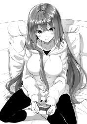 Rule 34 | 1girl, absurdres, blush, breasts, closed mouth, collarbone, controller, copyright request, drawstring, game controller, greyscale, hair between eyes, highres, holding, hood, hood down, hoodie, long hair, long sleeves, looking at viewer, medium breasts, mokufuu, monochrome, pants, pillow, puffy long sleeves, puffy sleeves, simple background, sitting, sleeves past wrists, smile, solo, very long hair, white background