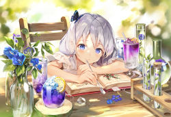 Rule 34 | 1girl, bare arms, blue eyes, blue flower, blurry, book, bookmark, butterfly hair ornament, chair, closed mouth, cup, depth of field, drinking glass, flask, flower, food, fruit, gilse, hair ornament, holding, holding spoon, lemon, lemon slice, long hair, looking at viewer, open book, original, purple flower, shirt, silver hair, sitting, smile, solo, spoon, summer, sunlight, table, test tube, tropical drink, vase, water, white shirt