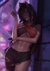 Rule 34 | 1girl, abs, absurdres, against wall, armlet, bare arms, bare shoulders, benvenutoiven, black hair, blonde hair, blue eyes, blurry, blurry background, breasts, dark-skinned female, dark skin, dehya (genshin impact), earrings, gem, genshin impact, highres, jewelry, large breasts, long hair, midriff, multicolored hair, navel, red gemstone, red lips, smile, solo, standing, stomach, tan, teeth, thighs, torn clothes, triangle earrings, underboob