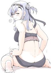 Rule 34 | 1girl, ass, back, barefoot, bikini, black bikini, black headband, butt crack, dimples of venus, from behind, full body, grey eyes, hachimaki, headband, heart, highres, kantai collection, long hair, looking at viewer, looking back, one side up, silver hair, simple background, sitting, solo, spoken heart, suzutsuki (kancolle), swimsuit, symbol-only commentary, vent arbre, wariza, white background