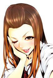 Rule 34 | 10s, 1girl, absurdres, bitch (prison school), highres, hiramoto akira, lips, looking at viewer, official art, one eye closed, parted lips, pompadour, prison school, simple background, solo, white background