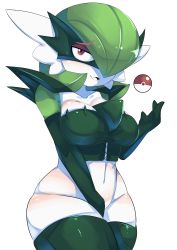 Rule 34 | 1girl, absurdres, ashraely, between legs, bob cut, breasts, collarbone, colored skin, corset, covering privates, covering crotch, cowboy shot, creatures (company), elbow gloves, female focus, game freak, gardevoir, gen 3 pokemon, gloves, green gloves, green hair, green skin, green thighhighs, groin, hair over one eye, half-closed eyes, hand between legs, hand up, happy, highres, large breasts, legs together, looking at viewer, mask, multicolored skin, navel, nintendo, open mouth, poke ball, poke ball (basic), pokemon, pokemon (creature), red eyes, shiny skin, short hair, simple background, skindentation, smile, solo, stomach, thick thighs, thighhighs, thighs, two-tone skin, white background, white skin, wide hips