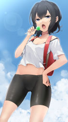 Rule 34 | 1girl, absurdres, backpack, bag, bare shoulders, bike shorts, black hair, black shorts, blue eyes, breasts, candy, crop top, day, food, gluteal fold, hand on own hip, hand up, highres, holding, holding candy, holding food, holding lollipop, huge filesize, lens flare, lollipop, looking at viewer, midriff, off-shoulder shirt, off shoulder, open mouth, original, outdoors, randoseru, shirt, short sleeves, shorts, small breasts, solo, standing, tsubonu ma, white shirt