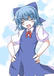 Rule 34 | 1girl, ascot, blouse, blue bow, blush, bow, cirno, closed eyes, collared shirt, doyagao, fang, hair bow, hands on own hips, masiromu, open mouth, red ascot, shirt, short hair, short sleeves, simple background, smile, smug, touhou