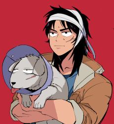 Rule 34 | 1boy, animal, bandaged hand, bandages, black eyes, black hair, blue shirt, brown jacket, closed mouth, commentary request, dog, expressionless, facial scar, highres, holding, holding animal, holding dog, inudori, itou kaiji, jacket, kaiji, long hair, looking afar, male focus, medium bangs, pet cone, red background, scar, scar on cheek, scar on face, shirt, simple background, sleeves rolled up, solo, upper body