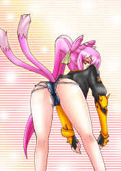 Rule 34 | 1girl, animal ears, arc system works, ass, ayu minori, bad id, bad pixiv id, bent over, blazblue, blazblue: chronophantasma, bullet (blazblue), bullet (blazblue) (cosplay), cat ears, cat tail, cosplay, cutoffs, fingerless gloves, from behind, glasses, gloves, hair ribbon, highres, jacket, kokonoe (blazblue), leaning, leaning forward, long hair, looking back, micro shorts, multiple tails, orange eyes, pince-nez, pink hair, ponytail, ribbon, short shorts, shorts, solo, tail, two side up, yellow eyes