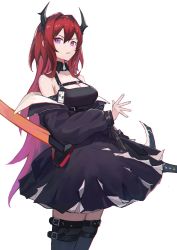 Rule 34 | 1girl, arknights, bare shoulders, black dress, black thighhighs, breasts, cleavage, commentary, cowboy shot, demon girl, detached collar, dress, hair between eyes, hair intakes, highres, horns, long hair, long sleeves, looking at viewer, medium breasts, parted lips, purple eyes, red hair, simple background, solo, standing, surtr (arknights), thigh strap, thighhighs, very long hair, vido sprout, weapon, white background, zettai ryouiki