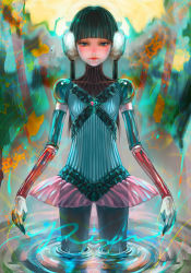 Rule 34 | bad id, bad pixiv id, blue eyes, green hair, original, pantyhose, skirt, solo, standing, twintails, water, zain
