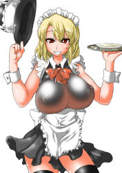 Rule 34 | 1girl, apron, blonde hair, bow, bowl, breasts, covered erect nipples, female focus, hat, headdress, holding, large breasts, maid, maid apron, maid headdress, red eyes, shisoworld, simple background, skirt, smile, solo, standing, thighhighs, tray, white background, wrist cuffs