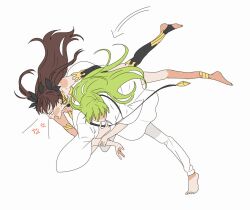 1boy 1girl anger_vein barefoot black_hair dareas2s2 enkidu_(fate) fate/grand_order fate_(series) green_hair hair_ornament ishtar_(fate) judo_throw long_hair throwing