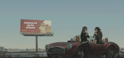 Rule 34 | 2girls, absurdres, ad, billboard, blue sky, brand name imitation, brown hair, burger, car, cup, day, eating, english text, faiz azhar, food, grey hair, highres, jacket, leaning on object, long hair, long sleeves, motor vehicle, multiple girls, open clothes, open jacket, original, outdoors, road, short hair, sitting, sky, standing, vehicle focus