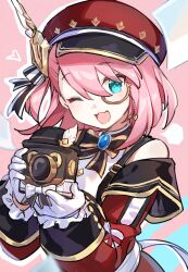 Rule 34 | 1girl, :3, aqua eyes, blush, bow, bowtie, camera, charlotte (genshin impact), genshin impact, gloves, hair between eyes, hat, heart, highres, holding, holding camera, long sleeves, looking at viewer, medium hair, monocle, one eye closed, open mouth, pink hair, red hat, simple background, solo, ta nuki, upper body, white gloves
