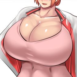 Rule 34 | 1girl, artist request, blush, breasts, cleavage, faceless, faceless female, gigantic breasts, open mouth, orange hair, original, shirt