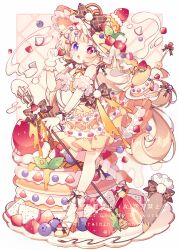 1girl :o ankle_scrunchie arm_garter bare_shoulders black_bow blonde_hair blueberry blunt_bangs blush bow bowtie brown_bow chocolate_syrup commentary dessert detached_collar dress food food-themed_clothes fork frilled_dress frills fruit full_body hair_bow hat hat_bow heterochromia high_heels highres holding holding_food holding_fruit holding_whisk hyou_(pixiv3677917) knife layered_dress long_hair open_mouth original oversized_object pancake pancake_stack pastry_bag plaid_bow pom_pom_(clothes) purple_eyes red_eyes scrunchie shoes solo standing standing_on_one_leg strapless strapless_dress strawberry strawberry_hat_ornament symbol-only_commentary syrup very_long_hair watermark whisk white_scrunchie wrist_scrunchie yellow_bow yellow_bowtie yellow_dress yellow_hat yellow_shoes