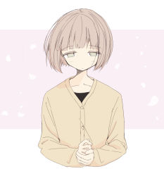 Rule 34 | 1girl, black shirt, brown background, brown eyes, brown hair, brown jacket, collarbone, commentary request, cropped torso, jacket, long sleeves, original, own hands together, shirt, short hair, solo, two-tone background, upper body, usui harusame, white background