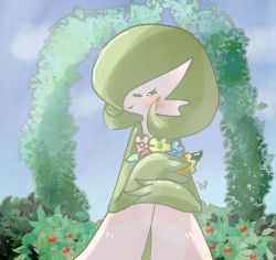 Rule 34 | 1girl, arch, artist name, blue flower, blue sky, blush, blush stickers, bob cut, bush, closed eyes, closed mouth, cloud, colored skin, creatures (company), crossed arms, day, female focus, flat chest, flower, game freak, gardevoir, gen 3 pokemon, green hair, green skin, hair over one eye, happy, holding, holding flower, ingo (rizumu), multicolored skin, nintendo, one eye covered, orange flower, outdoors, pink flower, pokemon, pokemon (creature), red flower, short hair, signature, sky, smile, solo, standing, two-tone skin, u u, white skin, yellow flower