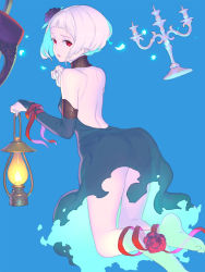Rule 34 | 1girl, ankle ribbon, ass, bare legs, bare shoulders, barefoot, black dress, blue background, bridal gauntlets, candelabra, candlestand, dress, elbow gloves, enkyo yuuichirou, fingerless gloves, flower, from behind, ghost, gloves, hair flower, hair ornament, highres, lantern, leg ribbon, looking at viewer, looking back, mole, mole under eye, nail polish, open mouth, original, red eyes, ribbon, short hair, silver hair, simple background, solo