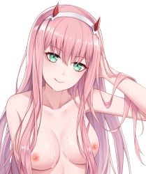 Rule 34 | 10s, 1girl, :q, ain (3990473), arm up, bad id, bad pixiv id, blush, breasts, breasts apart, closed mouth, collarbone, cum, cum on body, cum on breasts, cum on upper body, darling in the franxx, facial, hairband, hand in own hair, highres, horns, long hair, medium breasts, naughty face, nipples, nude, pink hair, simple background, solo, straight hair, tongue, tongue out, tsurime, upper body, very long hair, white background, white hairband, zero two (darling in the franxx)