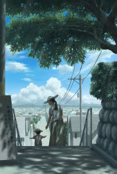 Rule 34 | 1boy, 1girl, age difference, black eyes, black hair, branch, child, cloud, cloudy sky, commentary request, fence, grey skirt, hat, highres, house, kake (kakelele), leaf, long hair, long skirt, looking at another, low twintails, mother and son, mountain, original, pants, path, plant, road, scenery, shadow, shirt, sign, skirt, sky, stairs, sunlight, town, tree, twintails, utility pole, wall, white headwear, white shirt, wire