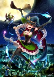 Rule 34 | 1girl, 2014, :d, bad id, bad pixiv id, black thighhighs, boots, braid, breasts, broom, broom riding, brown hair, chino ukana, cleavage, creature, crescent moon, dated, full body, full moon, hat, jewelry, long hair, magic, moon, necklace, night, night sky, open mouth, original, pendant, sky, smile, star (sky), star (symbol), starry sky, thighhighs, twin braids, witch, witch hat