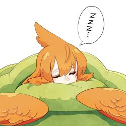 Rule 34 | 1girl, animal ears, bird ears, blush, closed eyes, face down, harpy, highres, long hair, monster girl, on bed, orange feathers, orange hair, orange wings, original, pillow, second-party source, sleeping, solo, spoken zzz, urotori, white background, zzz