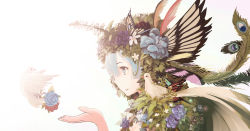 Rule 34 | 10s, 1girl, absurdres, animal, animal on shoulder, bird, bird on shoulder, blue eyes, blue hair, bug, butterfly, dove, feathers, flower, from side, has bad revision, has downscaled revision, highres, insect, leaf, matching hair/eyes, md5 mismatch, myrt1e, open mouth, peacock feathers, plant, re:zero kara hajimeru isekai seikatsu, rem (re:zero), resolution mismatch, rose, solo, source smaller, white background