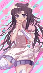 Rule 34 | 1girl, :d, absurdres, apron, bandaged arm, bandaged leg, bandages, bandaid, bandaid on knee, bandaid on leg, blush, brown hair, commentary request, danganronpa (series), danganronpa 2: goodbye despair, green background, grey apron, heart, highres, interlocked fingers, kayupon, long hair, mole, mole under eye, open mouth, own hands together, pill, pink background, pink shirt, pink skirt, pleated skirt, puffy short sleeves, puffy sleeves, purple eyes, seiza, shirt, short sleeves, sitting, skirt, smile, socks, solo, striped, striped background, tsumiki mikan