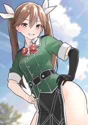 Rule 34 | 1girl, black gloves, blush, breasts, brown eyes, brown hair, cowboy shot, day, elbow gloves, furaggu (frag 0416), gloves, green jacket, grin, hands on own hips, highres, jacket, kantai collection, long hair, looking at viewer, medium breasts, outdoors, pelvic curtain, short sleeves, single elbow glove, smile, solo, tone (kancolle), tone kai ni (kancolle), twintails