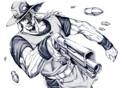Rule 34 | 1boy, blurry, bullet, cigarette, cleft chin, cowboy hat, crosshatching, emperor (stand), graphite (medium), greyscale, gun, hat, hatching (texture), highres, hol horse, jojo no kimyou na bouken, long hair, male focus, monochrome, mouth hold, muscular, nobita (makoto7060355), solo, stand (jojo), traditional media, veins, weapon, wristband