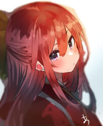 Rule 34 | 1girl, blurry, bow, depth of field, hair between eyes, hair bow, half updo, highres, japanese clothes, kamikaze (kancolle), kantai collection, kimono, looking at viewer, meiji schoolgirl uniform, red eyes, red hair, red kimono, signature, solo, sunday aki, tasuki, upper body