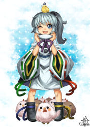 Rule 34 | 1girl, animal, animal on head, bird, bird on head, blue eyes, chick, chicken, hat, long sleeves, mononobe no futo, on head, one eye closed, open mouth, ponytail, ribbon-trimmed sleeves, ribbon trim, shirt, silver hair, skirt, smile, solo, touhou, umigarasu (kitsune1963), wide sleeves