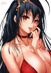 Rule 34 | 1girl, ahoge, alternate hairstyle, arm between breasts, artist name, azur lane, bare shoulders, black hair, blush, breasts, choker, cleavage, cocktail dress, collarbone, dress, eyeliner, gold trim, hair between eyes, hair ornament, hand up, highres, huge breasts, large breasts, light particles, long hair, looking at viewer, makeup, nail polish, official alternate costume, one side up, red choker, red dress, red eyes, red lips, red nails, sakiyamama, sidelocks, signature, simple background, smile, solo, taihou (azur lane), taihou (forbidden feast) (azur lane), tongue, tongue out, upper body, very long hair, white background